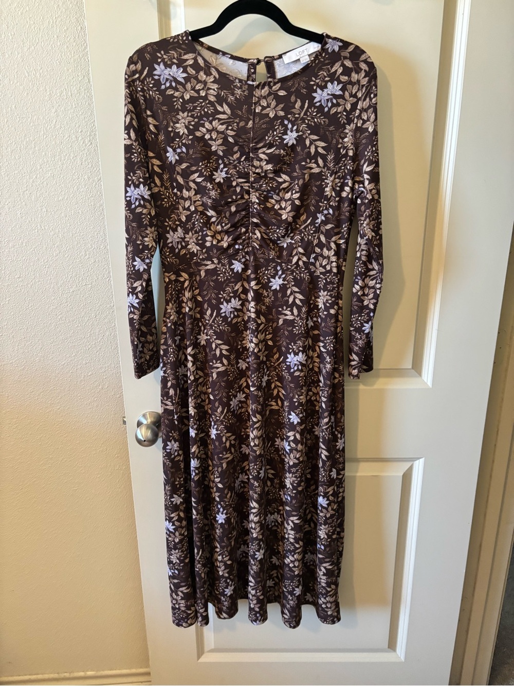 LOFT Brown Floral Long-Sleeve A-Line Dress Large Petite Fall Cottagecore - Picture 3 of 10